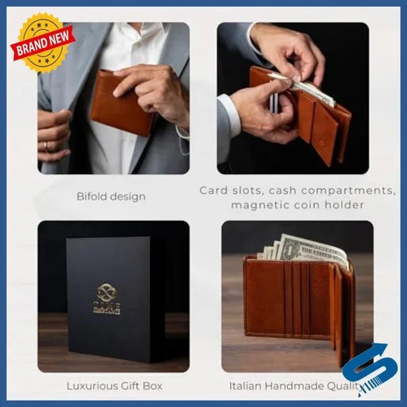 Men's Slim Leather Bifold Wallet with Card Holder and Coin Pocket